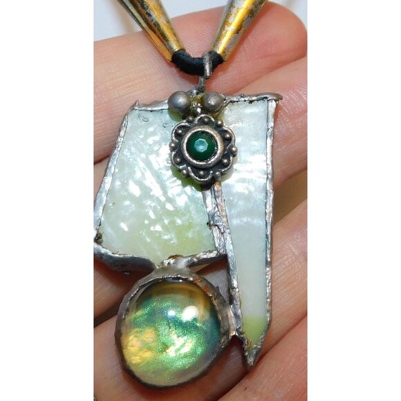 Handmade Abstract Green Stained Glass Pendant Necklace - Picture 1 of 6
